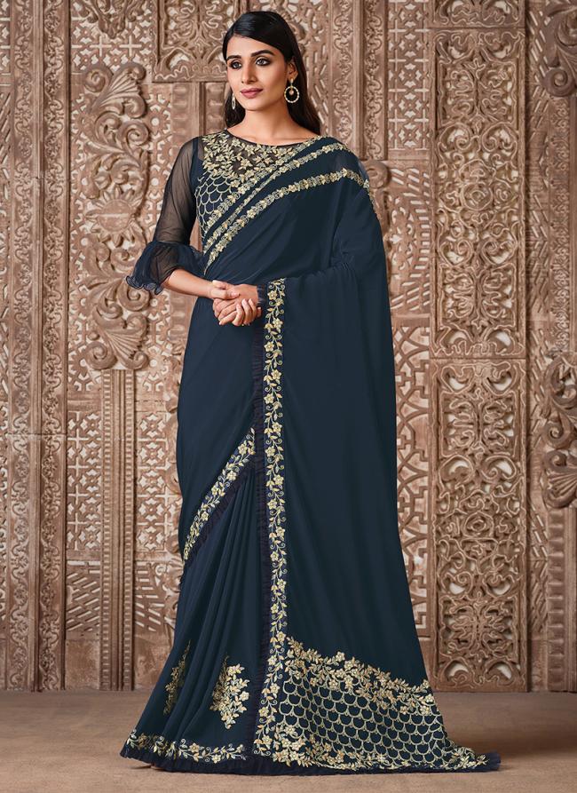 Silk Georgette Blue Party Wear Embroidery Work Saree